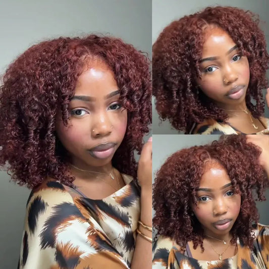 250% Density Reddish Brown Fluffy Layer Burmese Curly Wig No Slip Glueless Pre-cut 7x5 HD Lace Closure Human Hair Wigs with Layer Finger Coil Ends 16 Inch Beginners Friendly Natural Looking